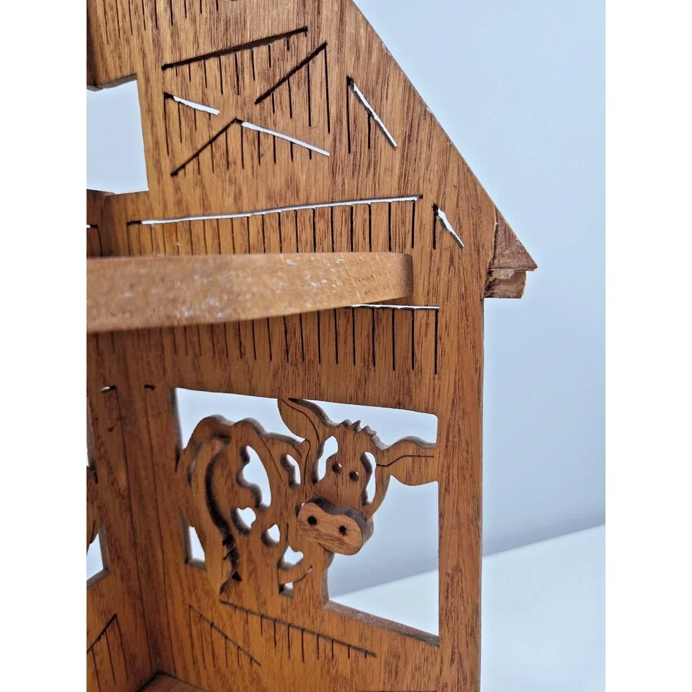 Vintage Hand Carved Wooden Small Barn Corner Shelf W/Decorative Cows Rustic